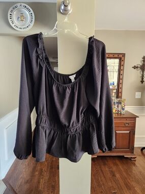 Nine West Womens Black Peplum Long-Sleeve Top Size XL